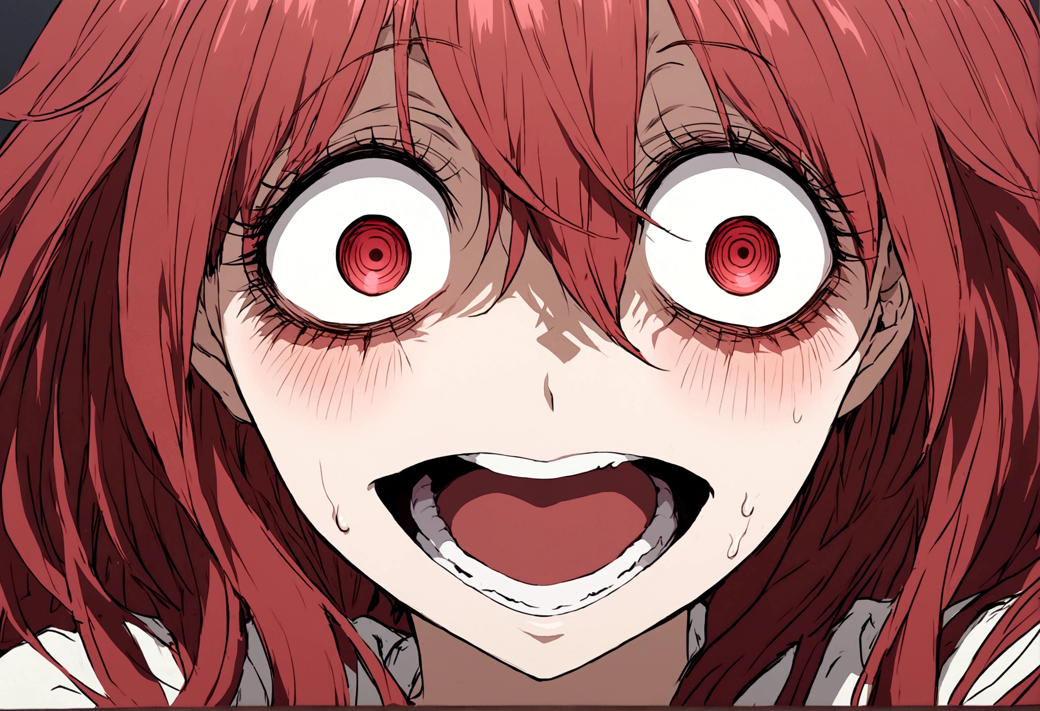 Too many Crazy eyes laughing Yandere Crazy anime woman. Looking. red Shining eyes.