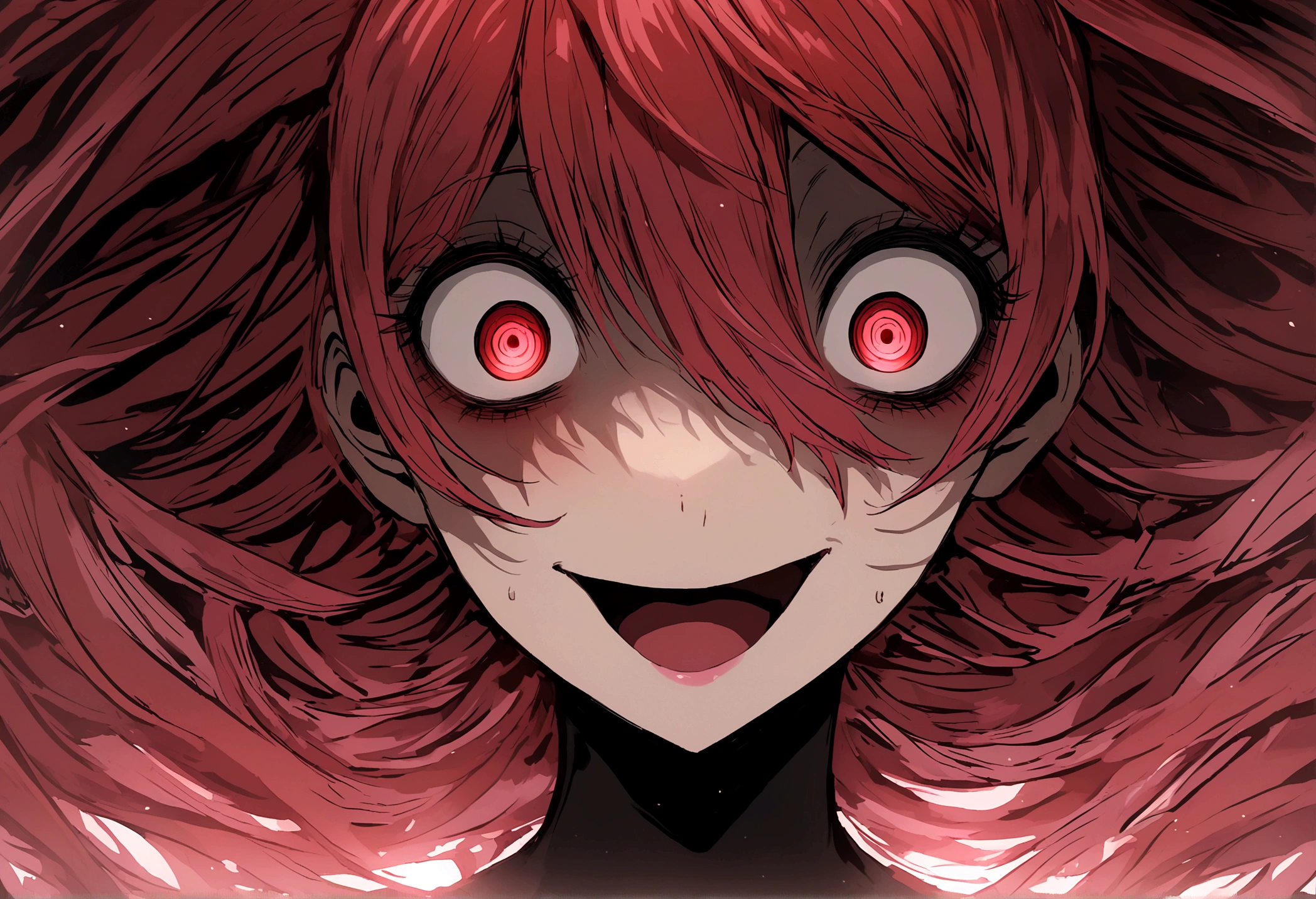 Too many Crazy eyes laughing Yandere Crazy anime woman. Looking. red Shining eyes.