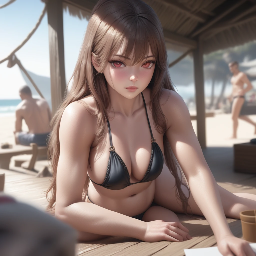 beautiful detailed girl in black bikini, long red flowing hair, vivid red eyes, looking directly at viewer, blurred beach background, (best quality,4k,8k,highres,masterpiece:1.2),ultra-detailed,(realistic,photorealistic,photo-realistic:1.37),digital art,concept art,cinematic lighting,highly detailed,intricate details,vibrant colors,depth of field, Full body