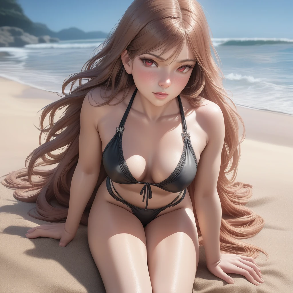 beautiful detailed girl in black bikini, long red flowing hair, vivid red eyes, looking directly at viewer, blurred beach background, (best quality,4k,8k,highres,masterpiece:1.2),ultra-detailed,(realistic,photorealistic,photo-realistic:1.37),digital art,concept art,cinematic lighting,highly detailed,intricate details,vibrant colors,depth of field, Full body