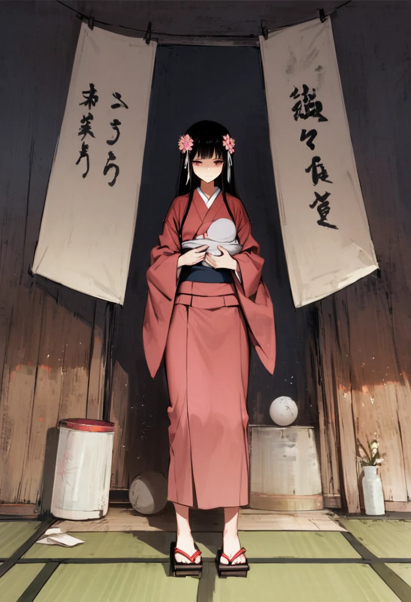 Japanese Yokai、Zashiki-warashi、Japanese style、Shoji screen、tatami、Haunted House、darkness、Late Night、kimono、Bob、Girl、Girl、Younger、Baby Face、flat chest、Black Long Hair、Dynamic Angle、A faint smile、Squinting、ball、Flower Hair Ornaments、Geta or bare feet