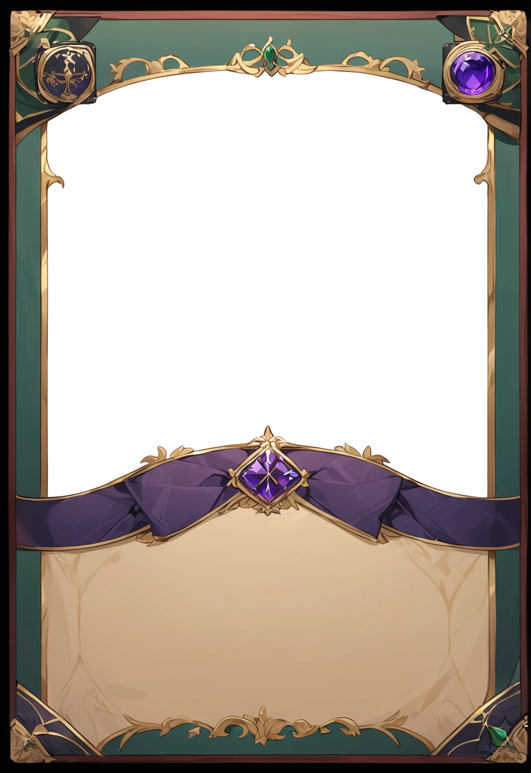 A card border UI,Medieval European aristocracy design,Noble and elegant dark style,There is a lavender ribbon in the middle with the card name.,There is a ruby under the bezel,There are sapphires on the left and right corners.。Redwood frame,Parchment backing,There are blood stains on it。Deep Red、Emerald Green、Gold main tone。