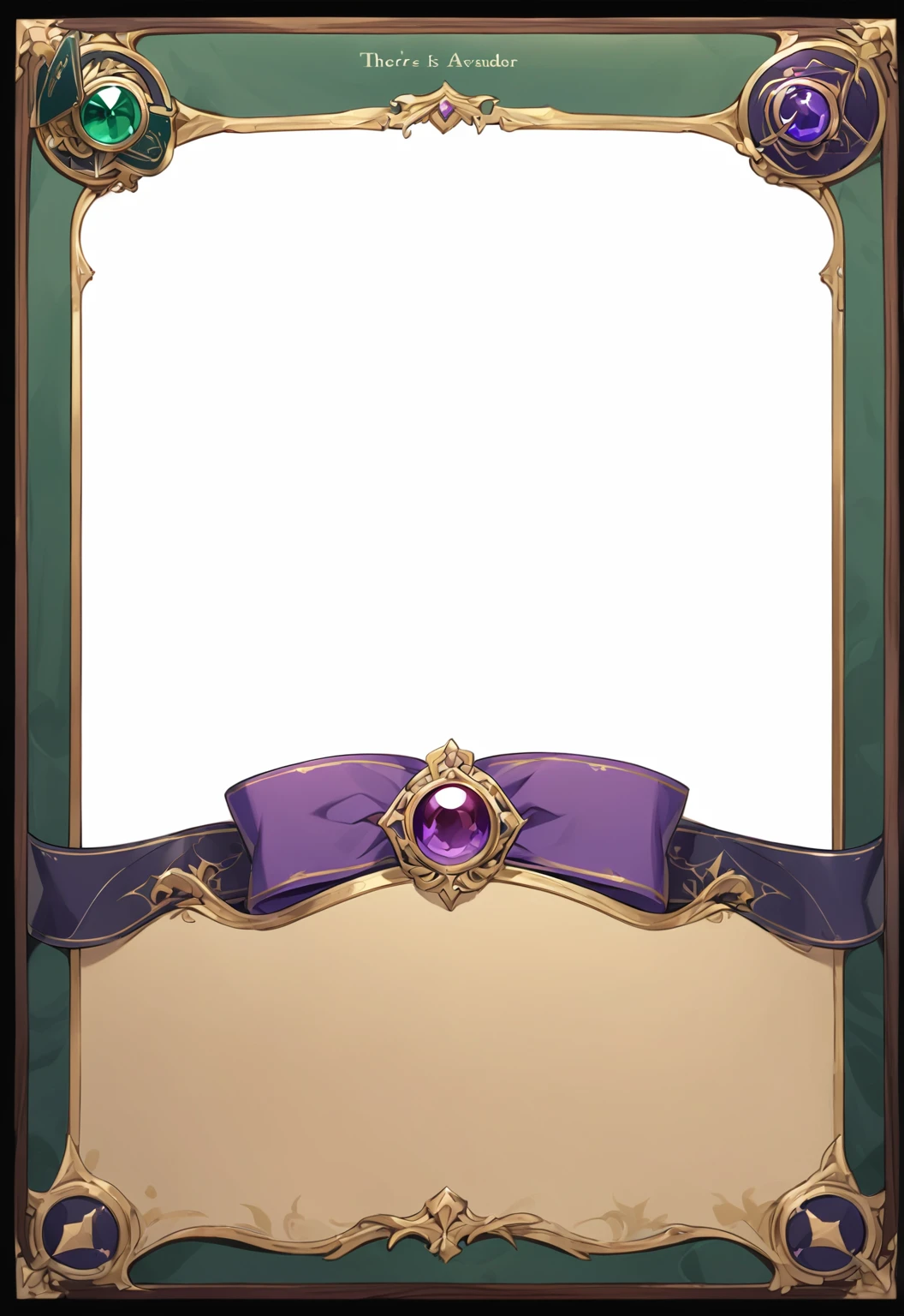 A card border UI,Medieval European aristocracy design,Noble and elegant dark style,There is a lavender ribbon in the middle with the card name.,There is a ruby under the bezel,There are sapphires on the left and right corners.。Redwood frame,Parchment backing,There are blood stains on it。Deep Red、Emerald Green、Gold main tone。