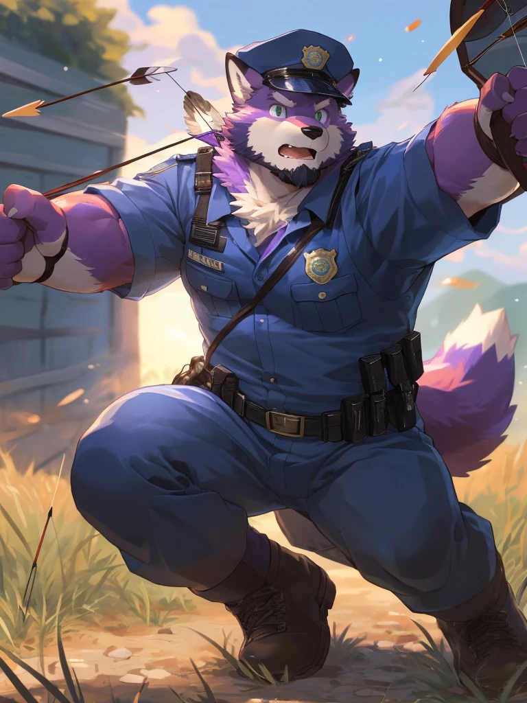 anthro, kemono, male, solo, ((round face, very plump face, thick beard)), (((dark beard))), ((endomorph body type, old-aged, mature)), ((purple fox, fox) fluffy fur, fluffy), (at training camp, field), bokeh, (high quality, highres, masterpiece), (dynamic lighting, vivid color), (calm expression), (face focus), front view (close up), cartoon, (((purple fox))), (((purple fur))), purple hair, beard, white eyebrows, detailed green eyes, tall, steel hunting bow, (((archery armor, military hat, police man, black color outfit, military shoes, police cap, uniform))), by zixiong, by takemoto arashi, by zixiong, (by null-ghost:0.8), (by t.y.stars:0.4), (((action pose))), (((shooting arrow with a longbow))), archery,