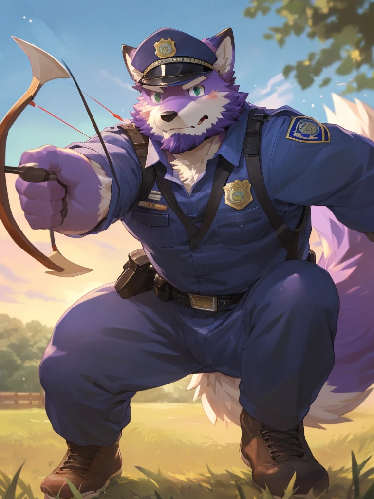 anthro, kemono, male, solo, ((round face, very plump face, thick beard)), (((dark beard))), ((endomorph body type, old-aged, mature)), ((purple fox, fox) fluffy fur, fluffy), (at training camp, field), bokeh, (high quality, highres, masterpiece), (dynamic lighting, vivid color), (calm expression), (face focus), front view (close up), cartoon, (((purple fox))), (((purple fur))), purple hair, beard, white eyebrows, detailed green eyes, tall, steel hunting bow, (((archery armor, military hat, police man, black color outfit, military shoes, police cap, uniform))), by zixiong, by takemoto arashi, by zixiong, (by null-ghost:0.8), (by t.y.stars:0.4), (((action pose))), (((shooting arrow with a longbow))), archery,