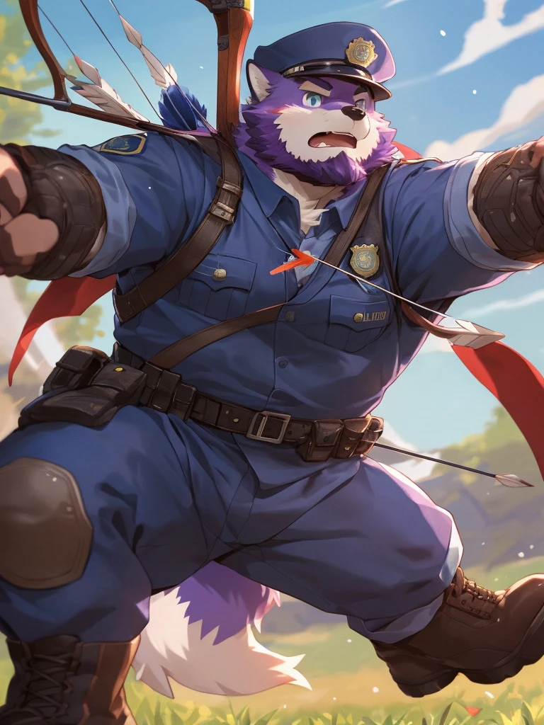 anthro, kemono, male, solo, ((round face, very plump face, thick beard)), (((dark beard))), ((endomorph body type, old-aged, mature)), ((purple fox, fox) fluffy fur, fluffy), (at training camp, field), bokeh, (high quality, highres, masterpiece), (dynamic lighting, vivid color), (calm expression), (face focus), front view (close up), cartoon, (((purple fox))), (((purple fur))), purple hair, beard, white eyebrows, detailed green eyes, tall, steel hunting bow, (((archery armor, military hat, police man, black color outfit, military shoes, police cap, uniform))), by zixiong, by takemoto arashi, by zixiong, (by null-ghost:0.8), (by t.y.stars:0.4), (((action pose))), (((shooting arrow with a longbow))), archery,