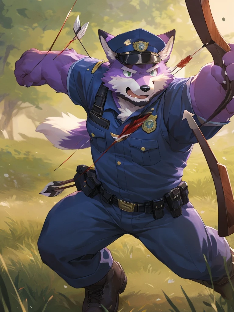 anthro, kemono, male, solo, ((round face, very plump face, thick beard)), (((dark beard))), ((endomorph body type, old-aged, mature)), ((purple fox, fox) fluffy fur, fluffy), (at training camp, field), bokeh, (high quality, highres, masterpiece), (dynamic lighting, vivid color), (calm expression), (face focus), front view (close up), cartoon, (((purple fox))), (((purple fur))), purple hair, beard, white eyebrows, detailed green eyes, tall, steel hunting bow, (((archery armor, military hat, police man, black color outfit, military shoes, police cap, uniform))), by zixiong, by takemoto arashi, by zixiong, (by null-ghost:0.8), (by t.y.stars:0.4), (((action pose))), (((shooting arrow with a longbow))), archery,
