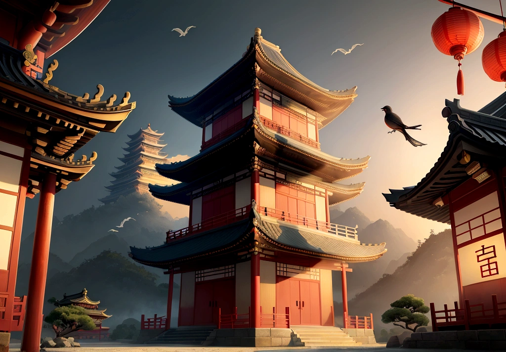 illustration of a traditional chinese building with lanterns and a bird, temple background, zen temple background, background depicting a temple, digital painting of a pagoda, japanese temple, japanese house, korean traditional palace, background art, palace background, chinese building, artwork in the style of z.w. gu, cyberpunk japanese temple, inspired by Shūbun Tenshō