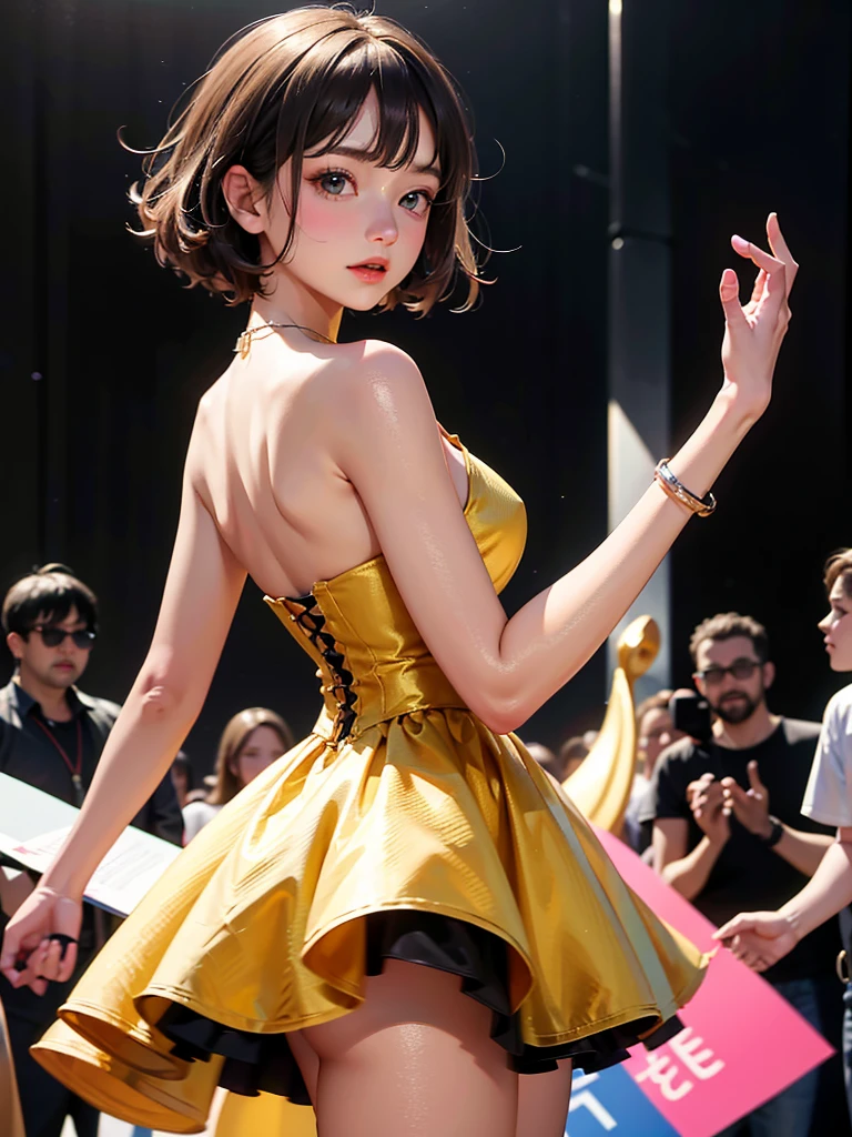 An extremely beautiful and delicate girl was dancing in the crowd wearing a colorful striped cylindrical dress. She had bright short curly hair and charming eyes. She was intoxicated and glamorous.(best quality :1.4),perfect, (masterpiece :1.4),(absurdres :1.4),8K