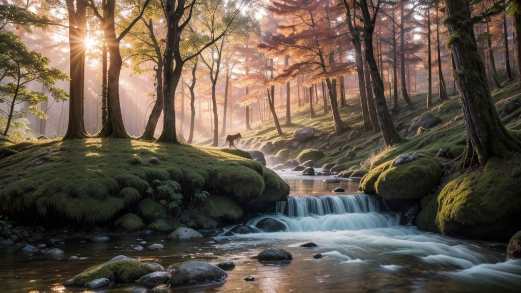 Imagine a serene scene at dawn, where soft sunlight shines through a dense forest. Majestic trees stand silhouetted against the pink and orange sky. In the foreground, a peaceful stream gently meanders between the mossy rocks, reflecting the first rays of light. A small clearing reveals a person, in deep contemplation, sitting by the water. The atmosphere is one of peace and harmony, as if nature and human beings were in perfect tune.