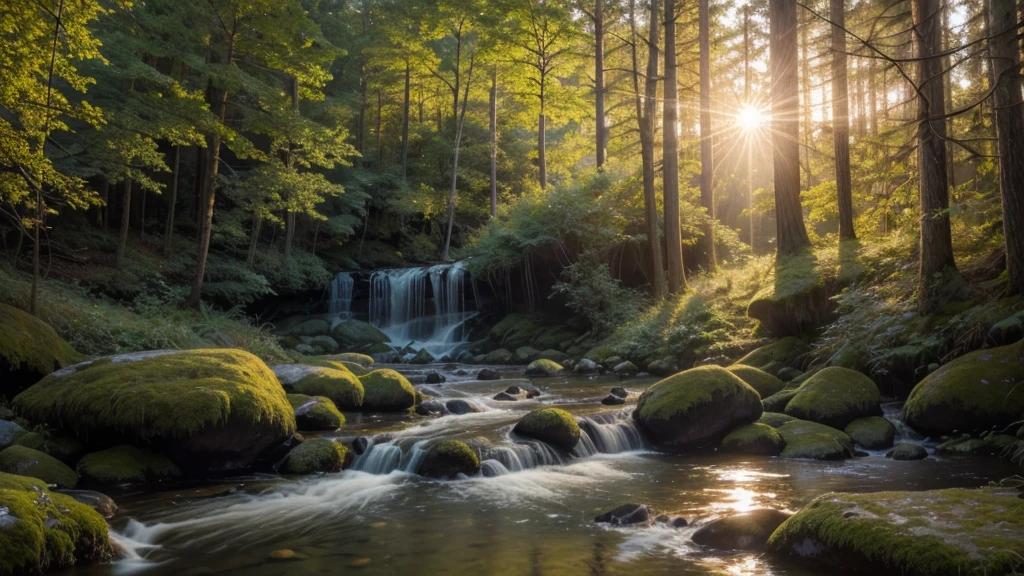 Imagine a serene scene at dawn, where soft sunlight shines through a dense forest. Majestic trees stand silhouetted against the pink and orange sky. In the foreground, a peaceful stream gently meanders between the mossy rocks, reflecting the first rays of light. A small clearing reveals a person, in deep contemplation, sitting by the water. The atmosphere is one of peace and harmony, as if nature and human beings were in perfect tune.
