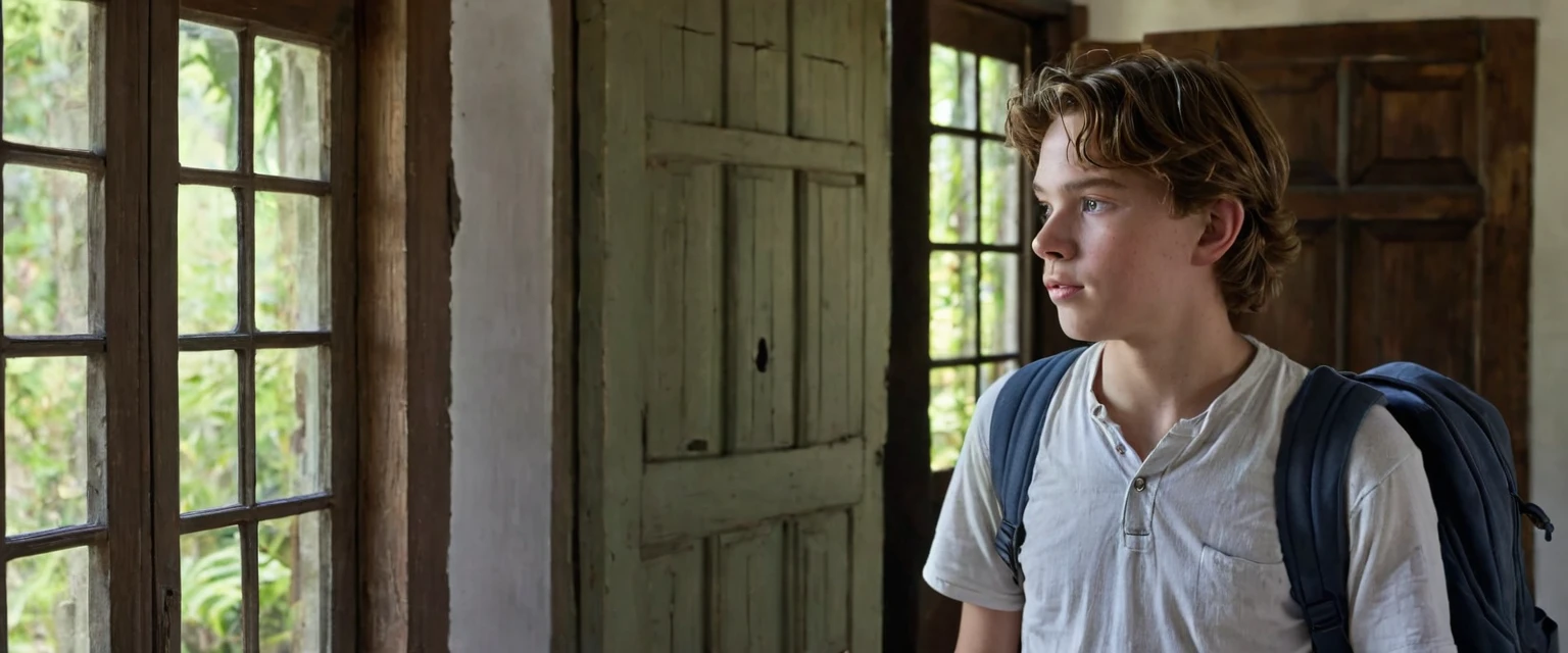 A young male student aged around 22-24 years old entered an ancient Dutch colonial style house for the first time. He wore simple clothes with a backpack, opened the front door with a curious and slightly worried expression. The house's walls are faded, the wooden windows are old, and the front door is sturdy but worn. In the afternoon, this view has dim natural light, creating a slightly eerie atmosphere. The image must be highly detailed, highly realistic and cinematic. Capture the moment of entering a new home and the anticipation of exploring a new place. (Masterpiece), UHD, ((Very detailed))