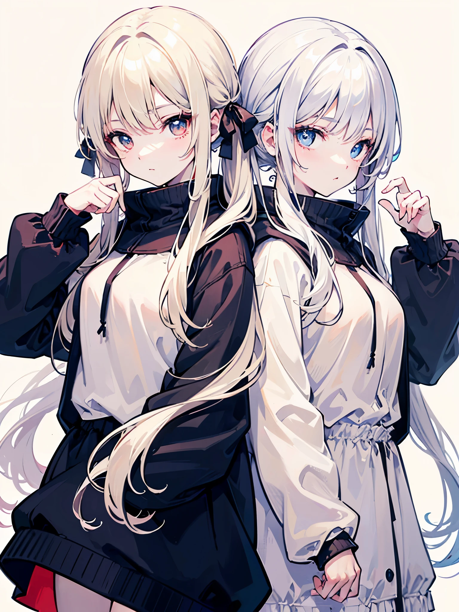 Two Girls、(Beige Hair、Red eyes)、(White Hair、blue eyes)、Twin tails、Very long hair、Shiny Hair、high quality、Simple Background、White Background、Monochrome outfit、Big hoodie