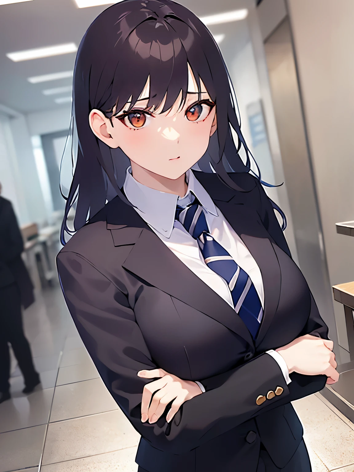 Crossing one’s arms,upper body、
 Realistic, real person, (pale skin: 1.2), RAW photo, photorealistic, shiny skin, shiny hair、
(A 35-year-old woman with medium-length hair and bangs) and (wavy hair) and (brown hair) and (Orange Eyes) (Wearing a business suit:1.5) and (Wearing a white collared shirt)、serious,The background is the office lobby.、Alone、Wearing a black jacket,Are standing