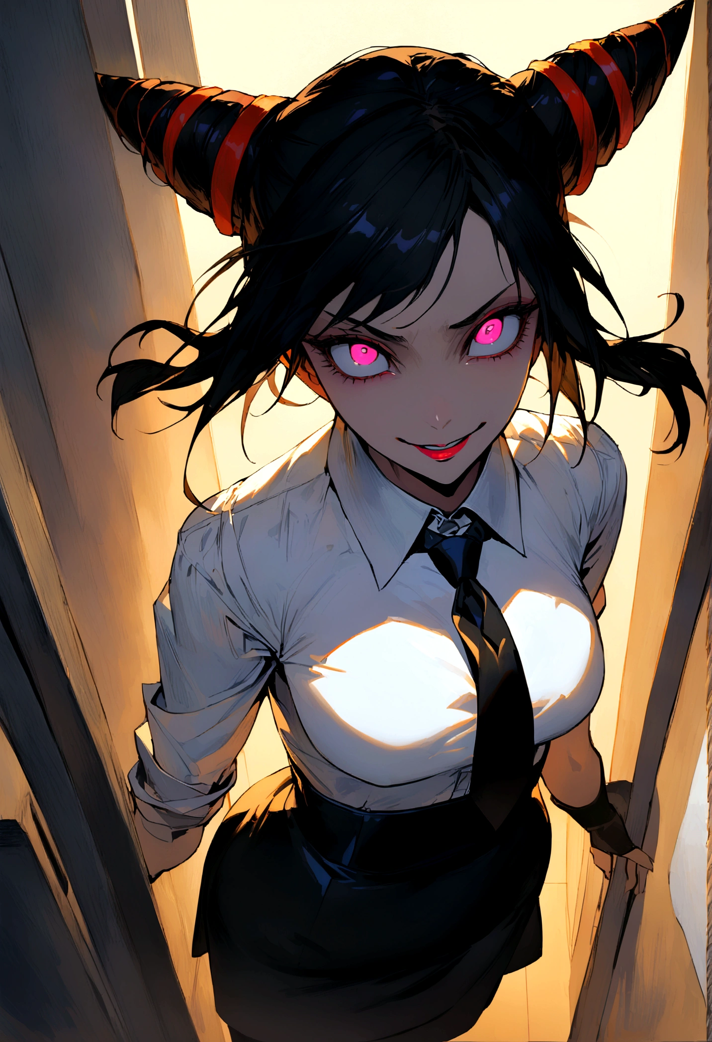 juri han, work of art, tight white secretary shirt with black tie, black high waist skirt, short skirt,stocking, black hair, black tightscary sun,office,bangs on the eyes,lighting,horn of hair,view from above,staring overhead,evil smile

