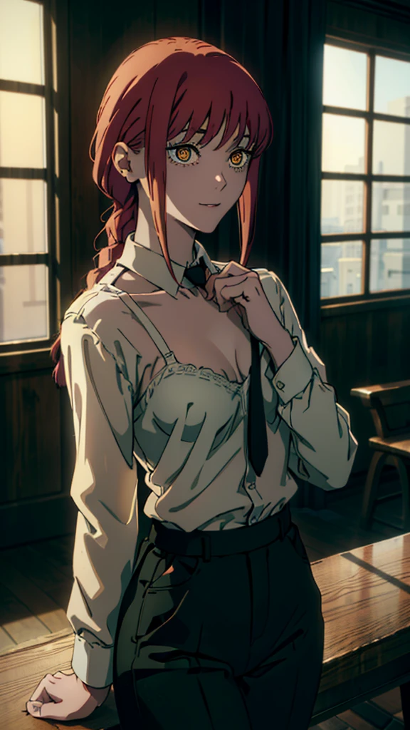 Masterpiece, top quality, best quality, official art, beautiful and aesthetic, anime, 1girl,extremely detailed, colorful, more detailed ((ultra-detailed)), (highly detailed CG illustration),Best Quality, High resolution, Unity 8k Wallpaper, (Illustration:0.8), (Beautiful detailed eyes:1.6), extra detailed face, Perfect Lighting, extremely details CG, (Perfect hands, Perfect Anatomy), makima, long hair, smile, bangs, (small breasts:1.2), (yellow eyes:1.2), braid, red hair, braided ponytail, ringed eyes,navel, cleavage, underwear, collarbone, panties, thighs, black panties,silk bathrobe,luxury lingerie, black bra,black stockings,in middle of church, benches,candles, dark light, shirt, long sleeves, white shirt, necktie, collared shirt, pants, black pants, formal,black necktie, shirt tucked in, Take off your shirt,Bra and pants are visible