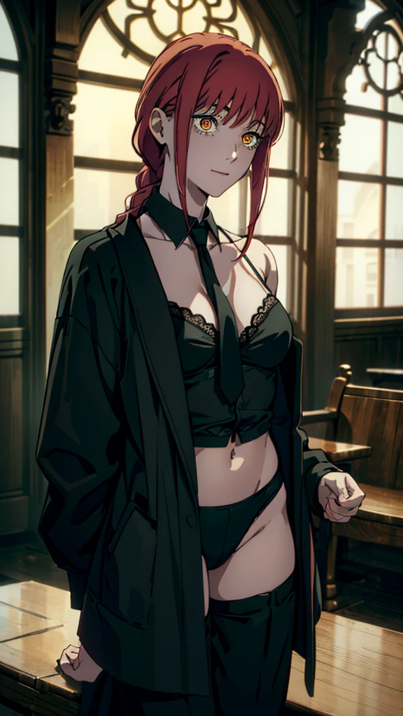 Masterpiece, top quality, best quality, official art, beautiful and aesthetic, anime, 1girl,extremely detailed, colorful, more detailed ((ultra-detailed)), (highly detailed CG illustration),Best Quality, High resolution, Unity 8k Wallpaper, (Illustration:0.8), (Beautiful detailed eyes:1.6), extra detailed face, Perfect Lighting, extremely details CG, (Perfect hands, Perfect Anatomy), makima, long hair, smile, bangs, (small breasts:1.2), (yellow eyes:1.2), braid, red hair, braided ponytail, ringed eyes,navel, cleavage, underwear, collarbone, panties, thighs, black panties,silk bathrobe,luxury lingerie, black bra,black stockings,in middle of church, benches,candles, dark light, shirt, long sleeves, white shirt, necktie, collared shirt, pants, black pants, formal,black necktie, shirt tucked in,  Take off your shirt,Bra and pants are visible