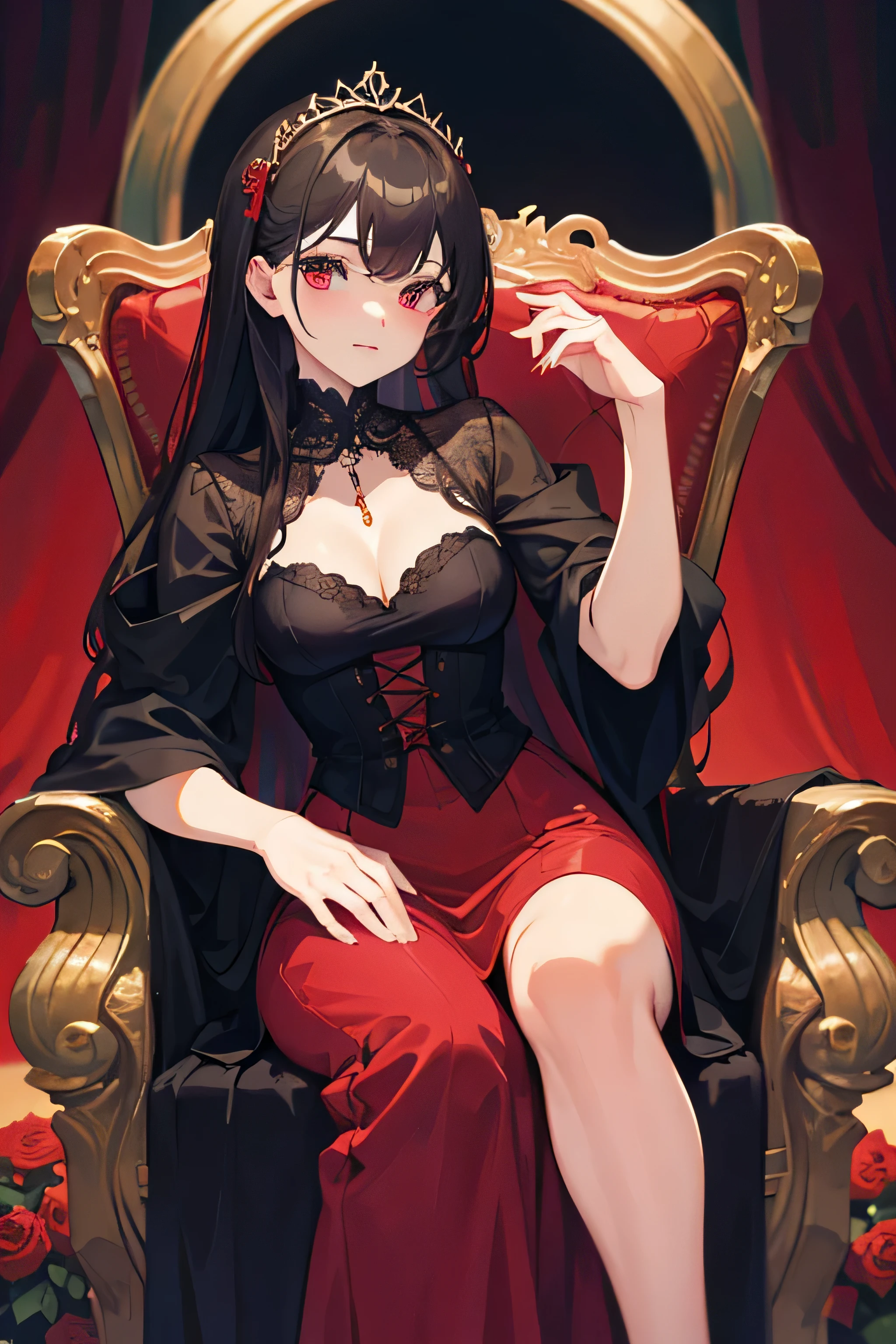 masterpiece, Score_9, Score_8_up, Score_7_up, front view, 1 woman, alone, black hair with red, long hair, parted bangs, dark red eyes, half-closed eyes, parted lips, expressionless, pale skin, large breasts, body suit, black bottom, best quality, horns up, long open bangs, black sleeveless shirt, black V-neck, red baggy pants, high heels, Sitting on a throne.