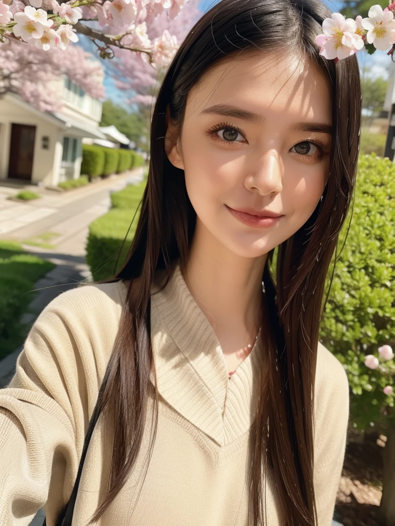 rie,One Woman,(best quality), (ultra detailed), (absolutely resolution),Face is front, 18-year-old, Fluctuation, , The color of the clothes is moss green., Check the pattern of the clothes, Black Hair, In the spring cherry blossom flurry、In the scene of pink petals fluttering