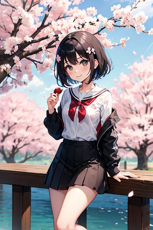 Black Hair、black eye、short hair、girl、Baby Face、cute、high school student、spring、Cherry-blossom viewing、Cherry blossoms in the background、A shy smile、Small breasts、