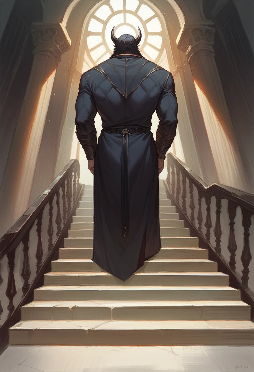 Highest quality Back view of the Black Prince Background、On the long staircase leading to the gates of the underworld、Daytime