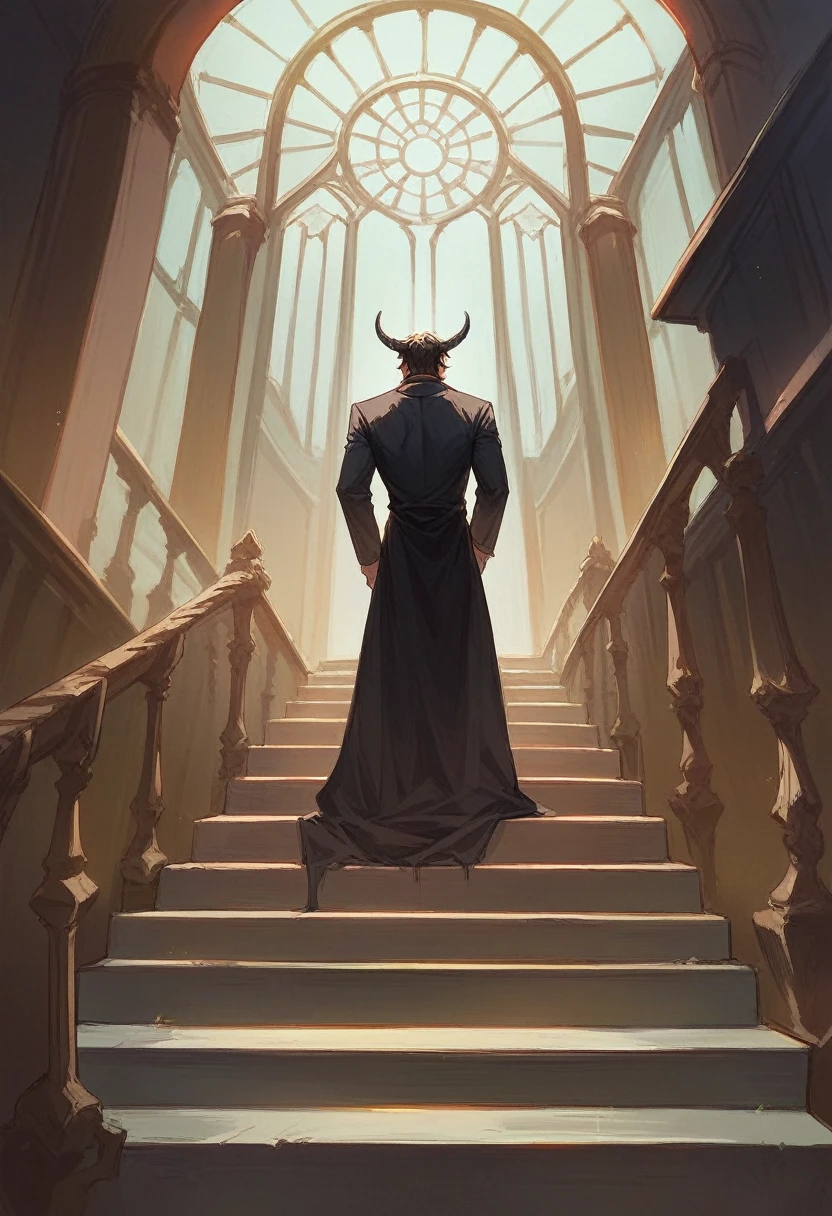 Highest quality　Back view of the Black Prince　Background、On the long staircase leading to the gates of the underworld、Daytime