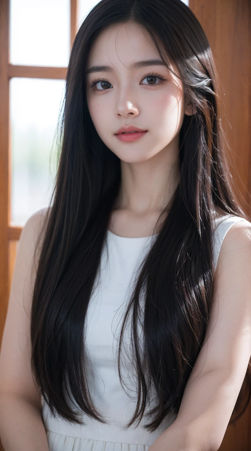 Close-up, masterpiece, Highest quality, Raw Photos, Photorealistic,A shy smile,Unbelievably ridiculous, Beautiful girls, cute,Long Hair、 Depth of written boundary, High resolution, Super detailed, Fine details, Very detailed, Very detailedな目と顔, Sharp pupils, Realistic pupils, Sharp Focus, Cinematic Lighting、I'm up to my chest in the open-air bath.、Upper Body、(((Very large breasts)))、Cleavage、green、Mountain、Top view