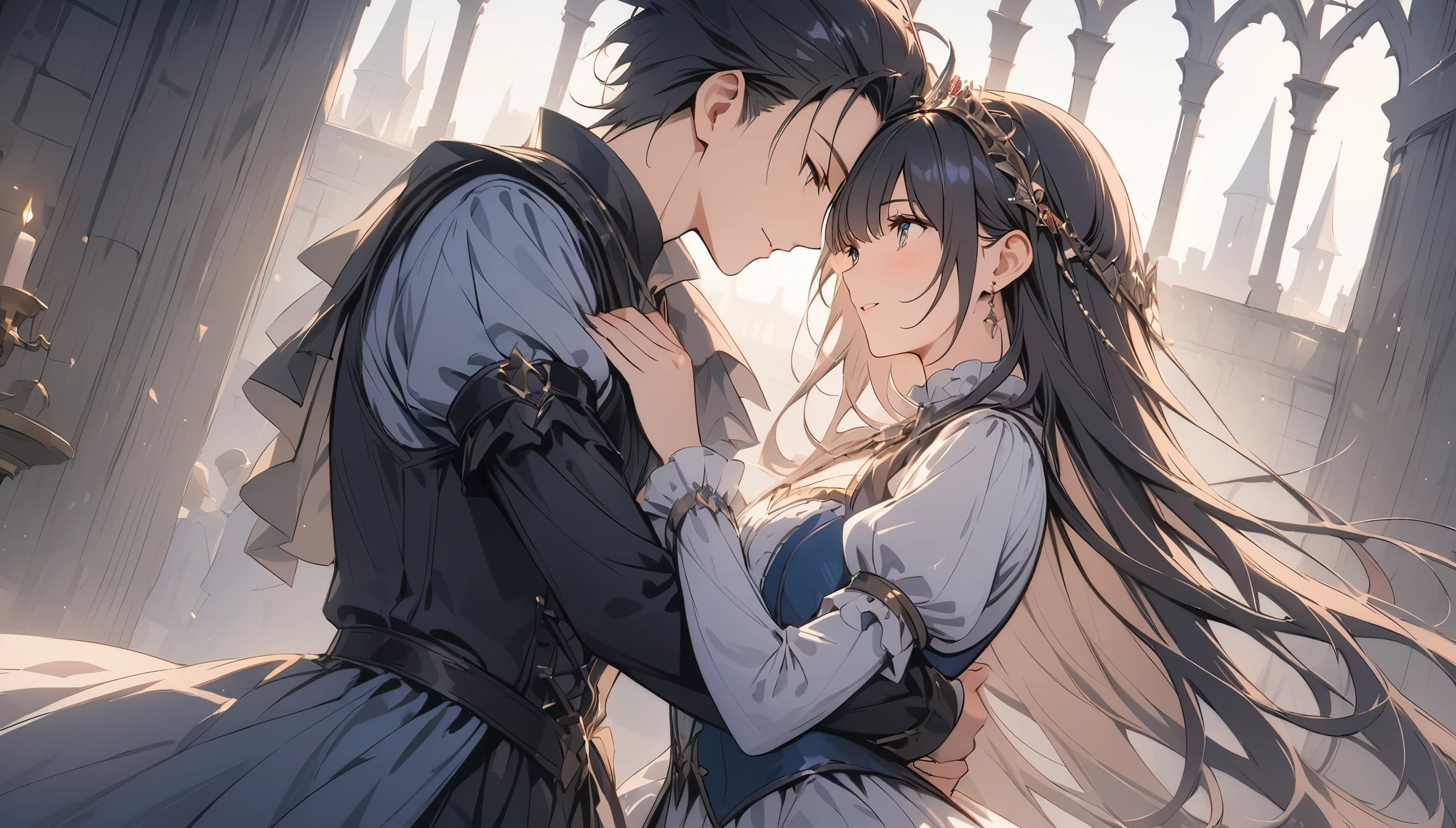 (masterpiece:1.2),ultra-detailed,4k,8k,highres,dramatic lighting,intricate details,princesses in medieval castle,knights in shining armor,Romeo and Juliet,romantic lovers,passionate embrace,elaborate period costumes,sweeping historical drama,emotional storytelling,vibrant colors,chiaroscuro lighting,renaissance-inspired,cinematic composition,award-winning quality、((クローズアップ、周りにバラが舞う))