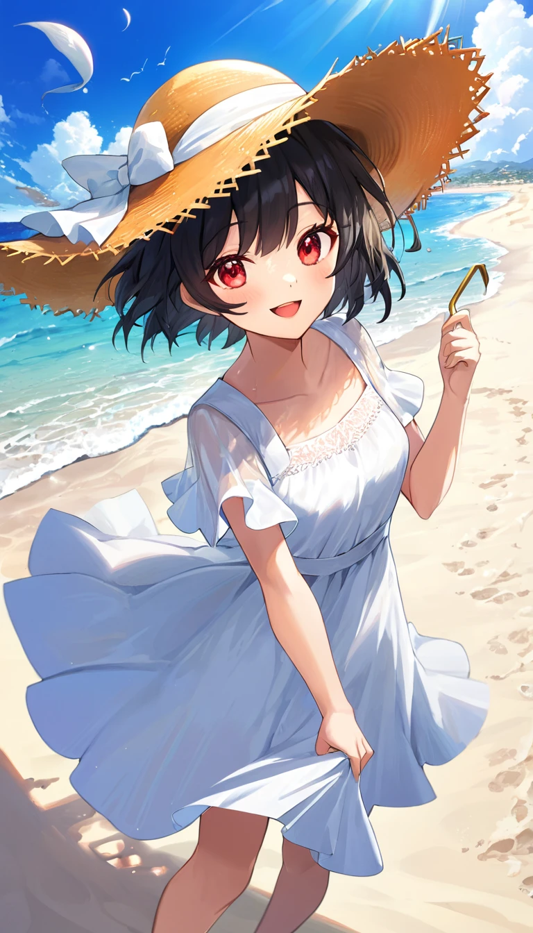 Masterpiece, a beautiful void goddess, illustration, sunlight, sea, beach, white sand, sunshine, clear sky, clear sky, cloudless, 1 girl, short hair, black hair, red eyes, messy hair, white dress, long dress, straw hat, handle at the end of the hat:0.3, smile, open mouth