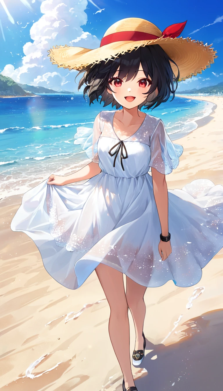 Masterpiece, a beautiful void goddess, illustration, sunlight, sea, beach, white sand, sunshine, clear sky, clear sky, cloudless, 1 girl, short hair, black hair, red eyes, messy hair, white dress, long dress, straw hat, handle at the end of the hat:0.3, smile, open mouth