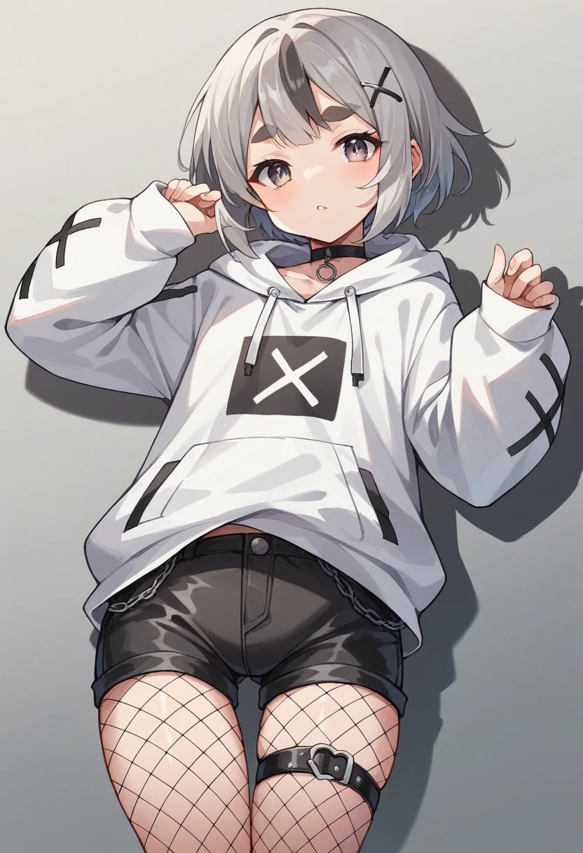 masterpiece, Highest quality, High resolution, Bumimi, short hair, Grey Hair, Striped Hair, Braiding, X Hair Ornament, Thick eyebrows, choker, White hoodie, Lower the hood, Long sleeve, abdomen, Black shorts, Thigh straps, Fishnet tights,