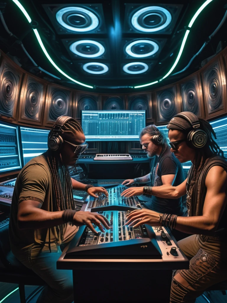 a fisheye lens photo of four post-apocalyptic tribal cyborg DJs tuning and playing synthesizers in the most complicated and technical spiral fractal music studio, mighty, cinematic, lindamente iluminado, by Donato Giancola, por artgerm, by Karol back, 3d, perfect face and body, trends on artstation, octane rendering, 8k ultra