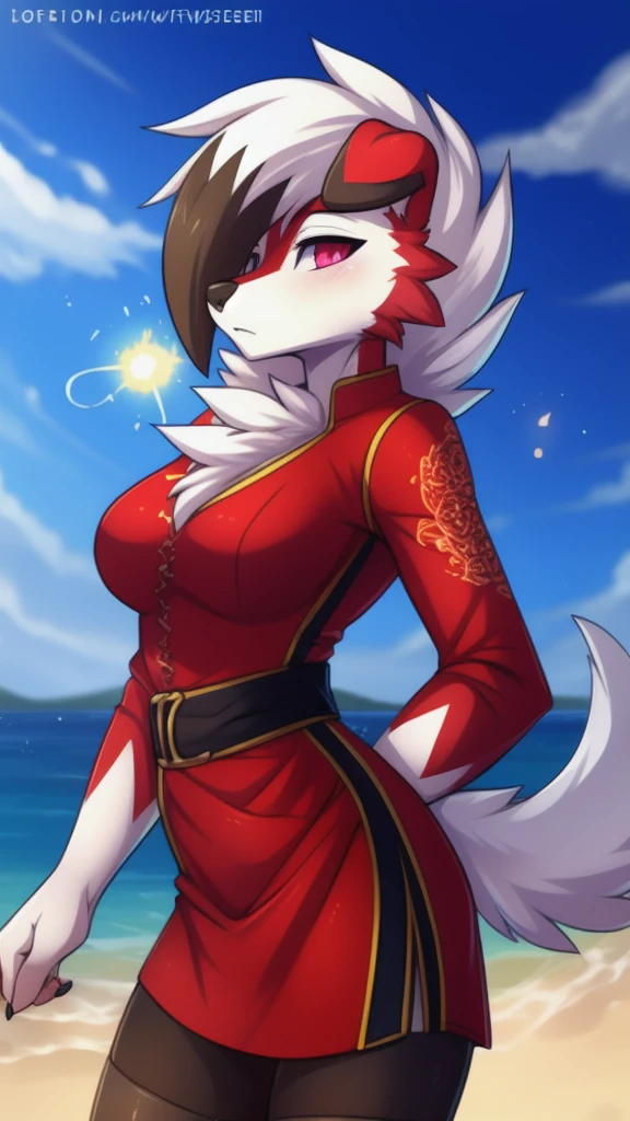 By zinfyuu on pixiv,by twistedscarlet60, uploaded on pixiv, by fluff-kevlar, (masterpiece), (best quality), (anthro furry:1.3, snout:1.2, anthro:1.3, furry:1.2, solo female:1.2),BREAK,pokemon, lycanroc, lycanroc midnight,wearing Chinese dress, sfw ,:o, kiss me, love particle