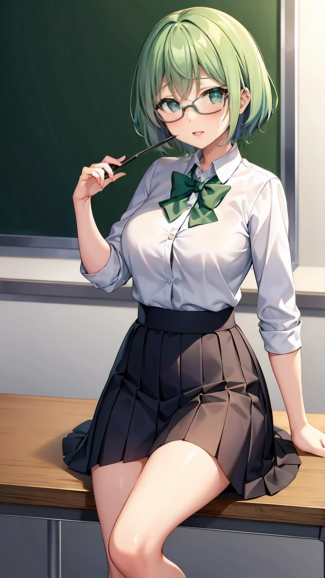 Girl with short green hair, Small size breasts,、Green Eyes, 、,Full body photo from head to toe、、、、Uplifting、、、School teacher、Glasses、Teaching in the classroom、Read a book aloud、Tight Skirt、Formal suit、