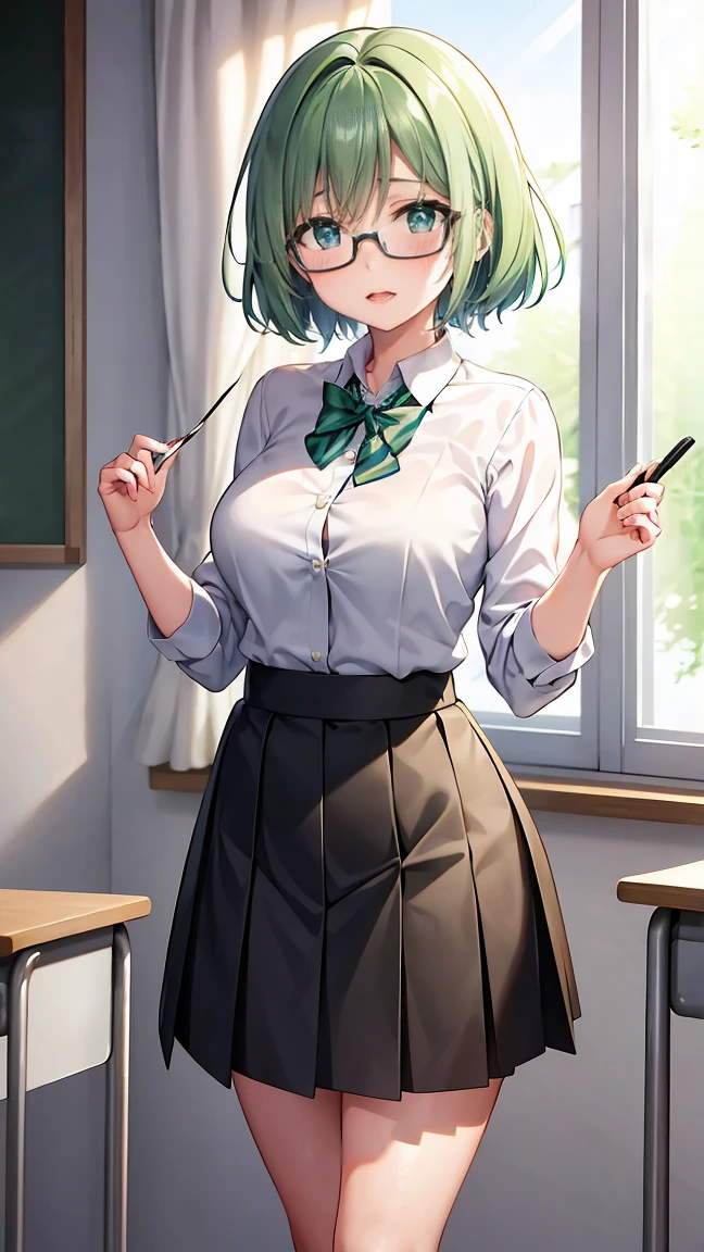Girl with short green hair, Small size ,、Green Eyes, 、,Full body photo from head to toe、、、、Uplifting、、、School teacher、Glasses、Teaching in the classroom、Read a book aloud、Tight Skirt、Formal suit、