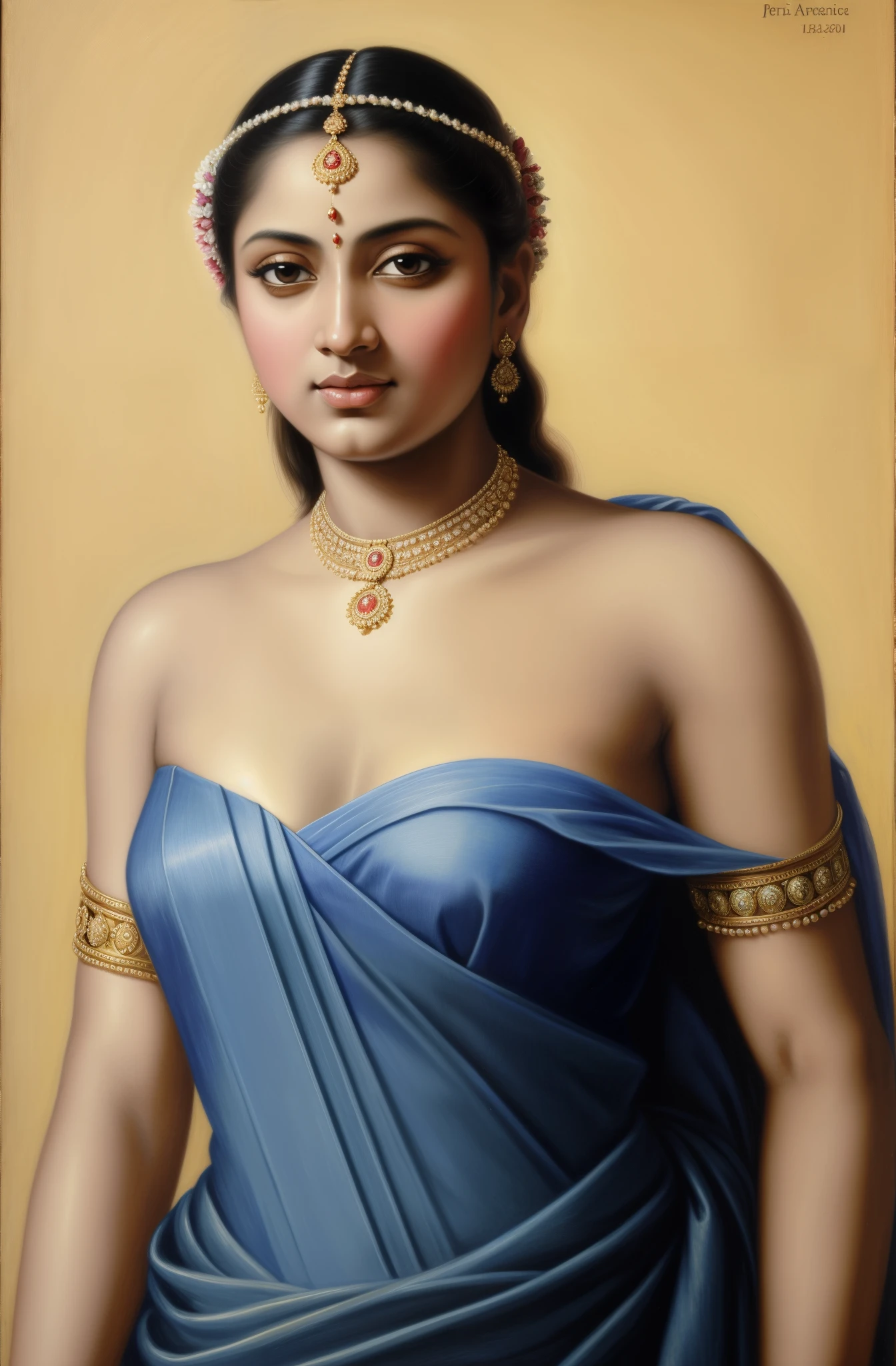 Beautiful Indian Woman, wearing saree, sari Beauty, gorgeous, Apsara, Maharani, royal queen woman, nymph from Hindu Mythology, pierced eyes, Urvashi, matchless beauty, Highly detailed, Oil Painting by Peter Paul Rubens inspired by Raja Ravi Varma, Matchless beauty, captivating, gorgeous, heavenly beauty, celestial beauty, by Peter Paul Rubens, 13, realistic, hyper realistic, micro details, incredible artwork, insane details, ultra High resolution, 8k, 32k,  acrylic on canvas, intricate, flawless, detailed, detailed face, detailed eyes, masterpiece, by Peter Paul Rubens, by Caravaggio, by William Adolphe bouguereau, perfect face, perfect body, beautiful art, realism, baroque, renaissance Art, highly textured, beautiful eyes, uhd, best quality,