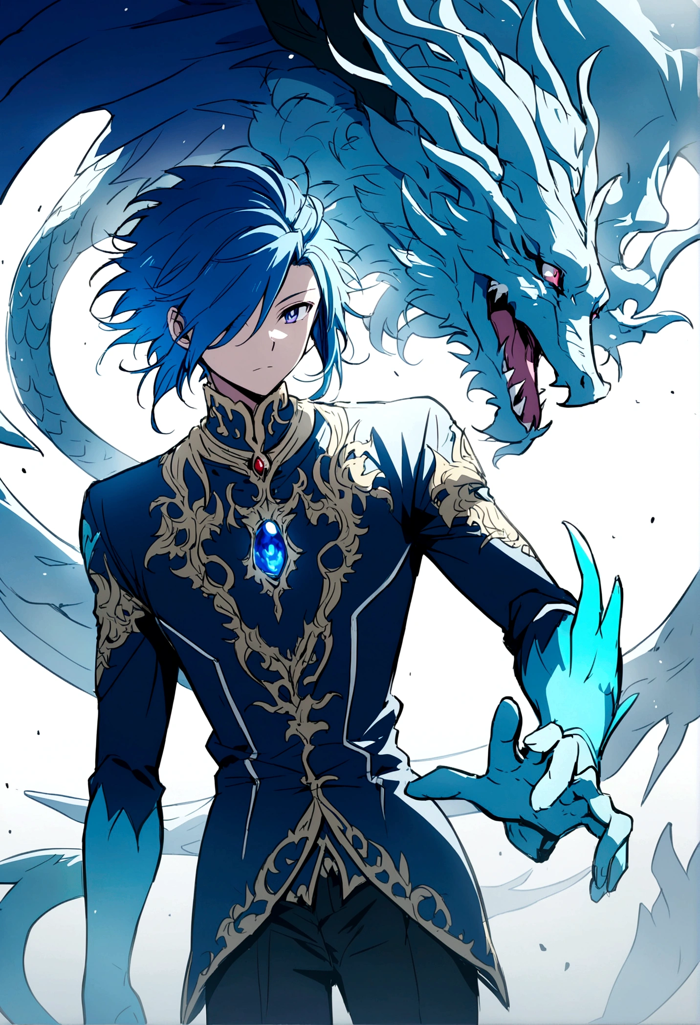 anime boy, blue hair, anime, semi human dragon, God