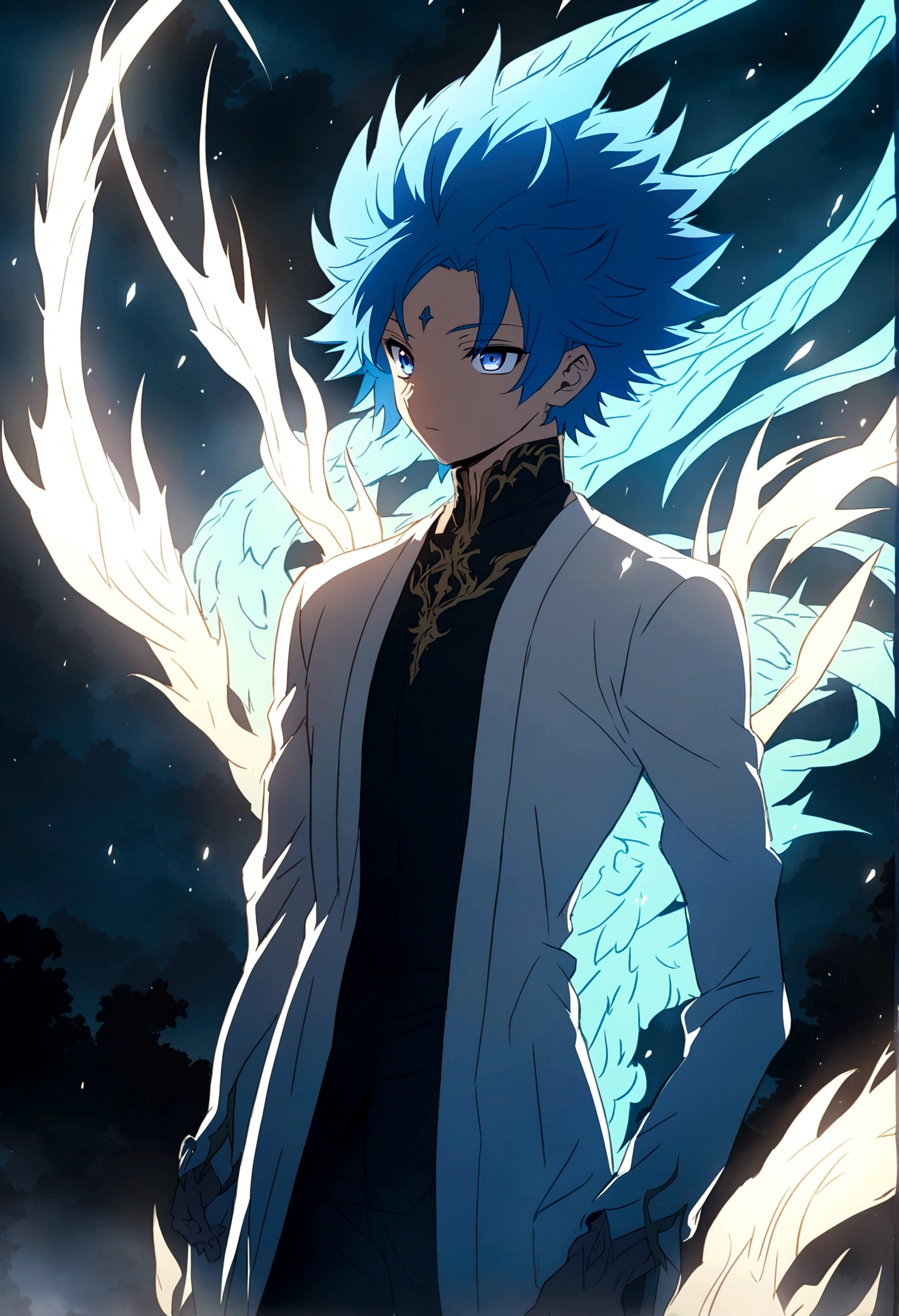 anime boy, blue hair, anime, semi human dragon, God