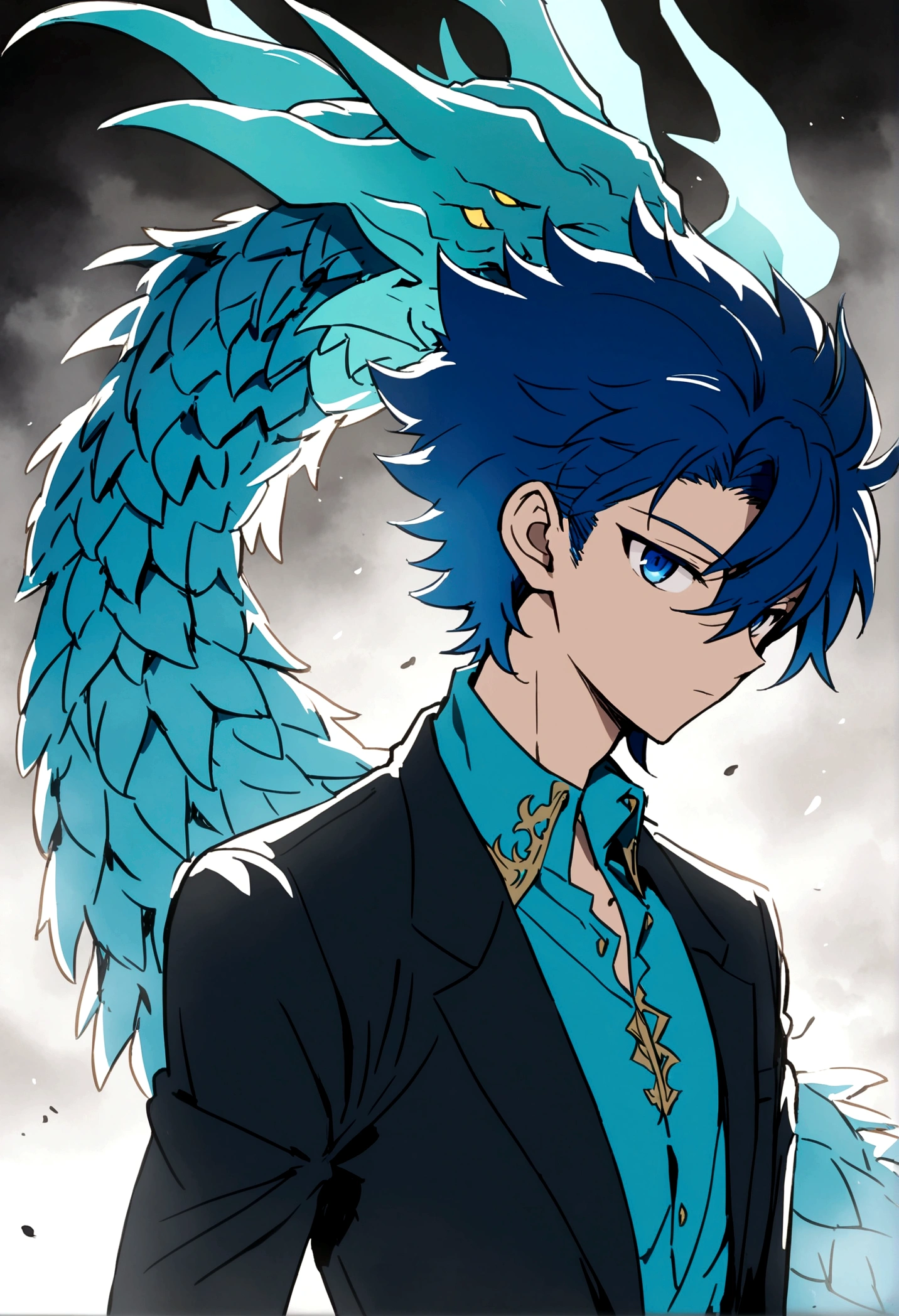 anime boy, blue hair, anime, semi human dragon, God
