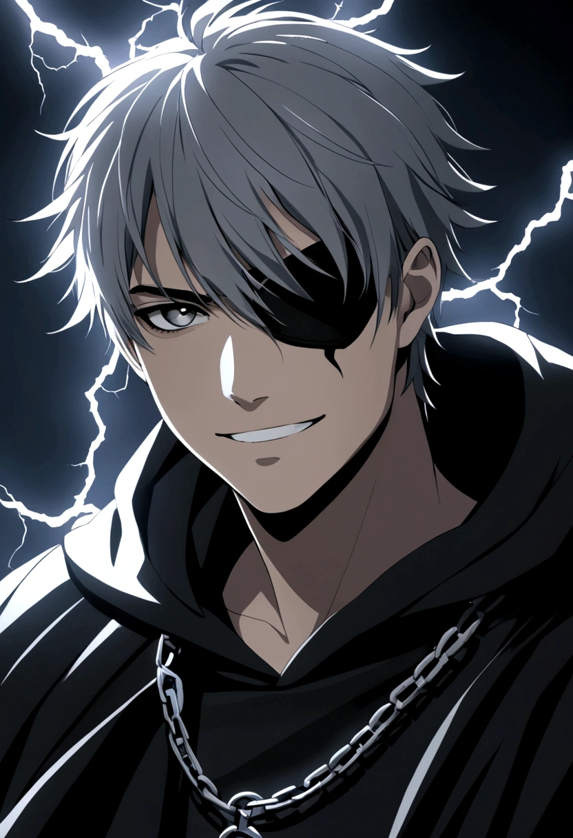 a man, young 20 years old, cold look, smiling fiercely, white teeth, messy short gray hair, ponytail, black eyes, left eye patch, black clothes, dark cape with hood, chains. frontal camera. White and black lightning overflowing from the right arm.