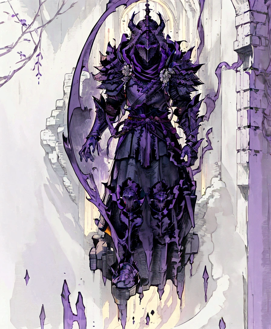 a close up of a person in a purple robe holding a sword, flowing robes and leather armor, picture of a male cleric, armor and robes, dark pruple robes, anthropomorphic raven knight, wearing robes of silver, wearing dark purple armor, full body purple cloak, purple cloak, full body white purple cloak, rpg concept art character, dark background, sacrificial altar background