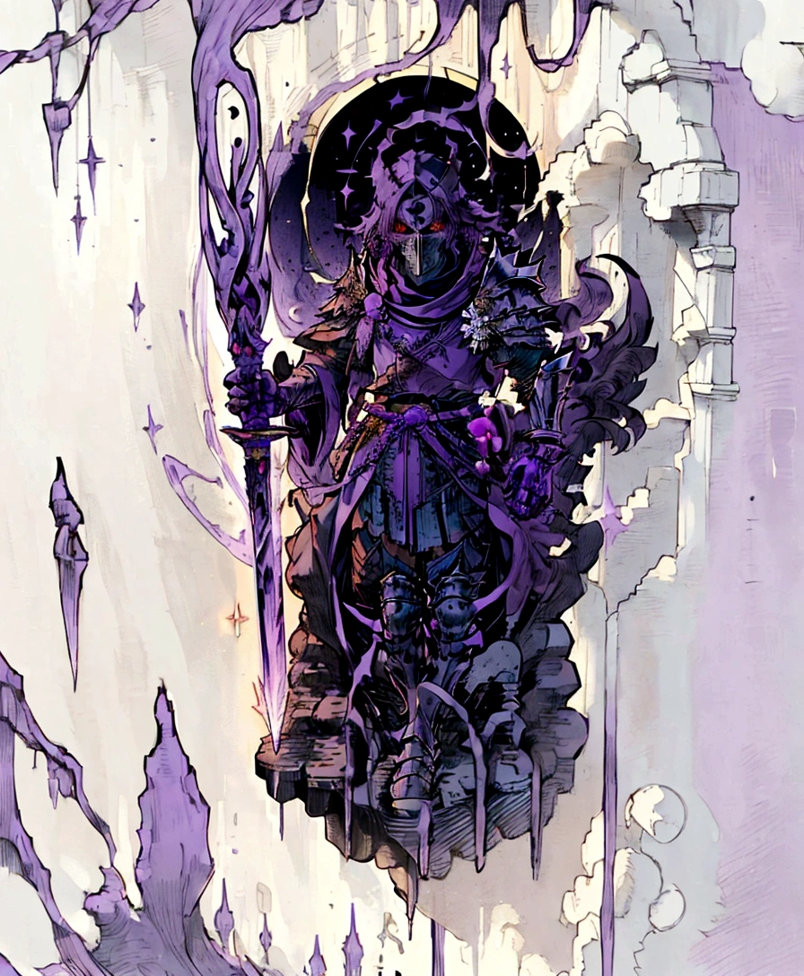 a close up of a person in a purple robe holding a sword, flowing robes and leather armor, picture of a male cleric, armor and robes, dark pruple robes, anthropomorphic raven knight, wearing robes of silver, wearing dark purple armor, full body purple cloak, purple cloak, full body white purple cloak, rpg concept art character, dark background, sacrificial altar background