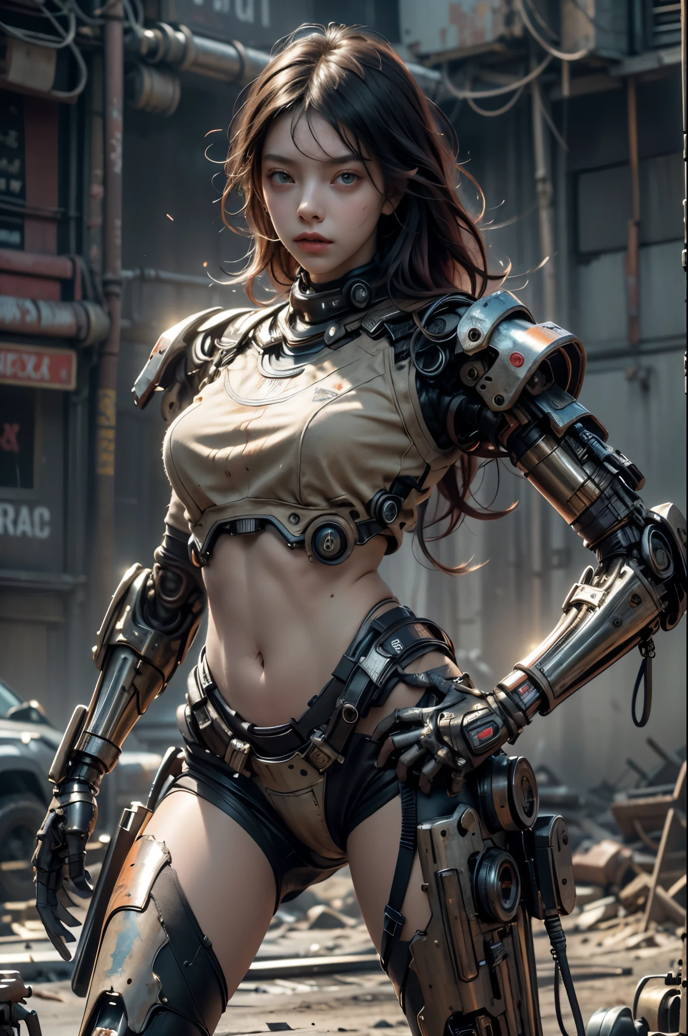 A highly detailed and realistic skull girl,( Anya. Taylor Joy) cyberpunk character, mad max furiosa, one hand robot, cyborg arm, orange hair, dramatic metal heavy rock theme, best quality, 8k, hyperrealistic, photorealistic, extreme detailed painting, studio lighting, vivid colors, dark moody atmosphere, cinematic, dramatic pose, intricate mechanical details, glowing energy effects, intense gritty textures, seamless integration of organic and inorganic elements. Wearing the used clothes of a wastelander. Background: An apocalyptic wasteland. Dusty and depressing.