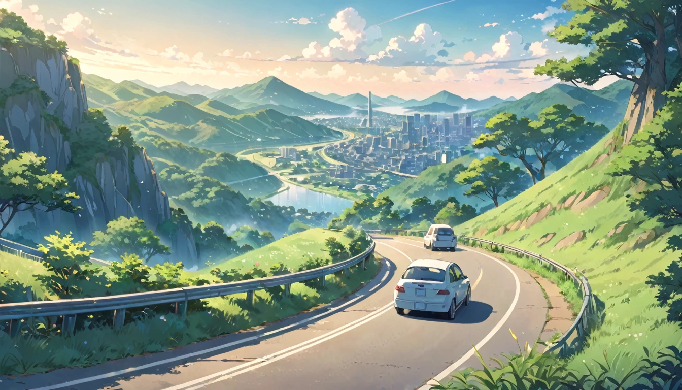 Picture of a car driving on a road next to green hills, anime countryside landscape, makoto shinkai. High detail, By Kaii Higashiyama, anime landscape, anime landscape wallpaper, by Makoto Shinkai, by Makoto Shinkai, anime. by Makoto Shinkai, hd anime cityscape, anime scenery concept art, anime scenery, Makoto Shinkai&#39;s Style, Makoto Shinkai&#39;s art style, anime. by Makoto Shinkai, by Makoto Shinkai, by Makoto Shinkai, anime scenery, 京都animeーション, 4K High Definition,, Beautiful Art UHD 4K, Beautiful artwork illustration, Beautiful digital painting, Highly detailed digital painting, Beautiful digital art, Detailed painting 4k, Highly detailed digital painting, Rich, picturesque colors, Gorgeous digital painting, saturation, not human