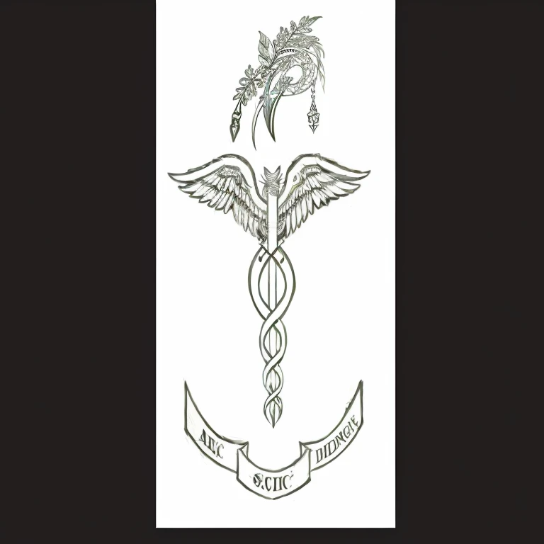 a drawing of a cadus with a snake and a ribbon, medical drawing, holding a caduceus staff, medical diagram, insignia, healthcare, tattoo design, fanart, medical depiction, by Elsie Few, by Harriet Zeitlin, family crest, nursing, shoulder patch design, medical image, by Hugh Hughes, by Meredith Dillman, royal insignia in background