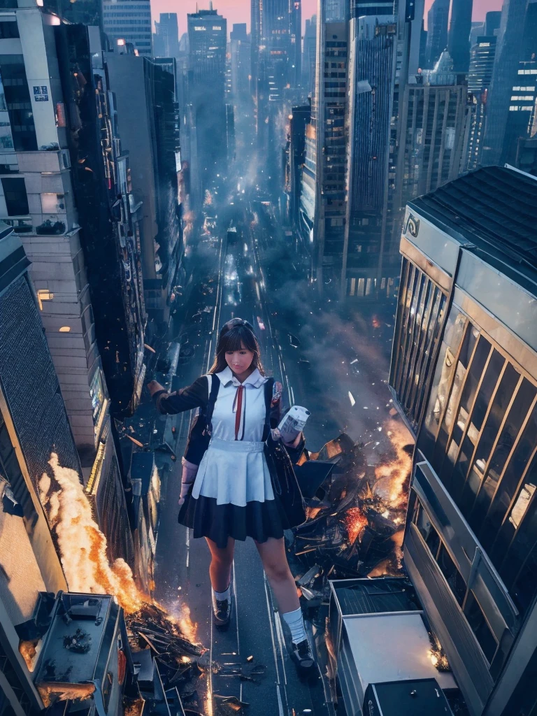（Giantess Elements、High resolution、High resolution、high quality、Accurate body structure、Detailed body） そびえ立つ巨人のBlonde少女，50,000 feet high、Looking up at the approaching woman from below、Giants attack the city、cute、Blonde、Destroy a small town女性、Destroy a small town、Mischievous look、(Maid outfit)Japanese、White skin、巨人Blonde女、smile、Trampling buildings、rubble、Burning Small Town、Destroyed small building、Collapsed highway、Cars are crushed、Evacuating residents、sunset、Burning Small Town、go ahead、walk、Trampling、Anatomically correct、Accurate human body、Accurate skeleton、Full body portrait、blue eyes、足元に散らばるrubble、Higher than skyscrapers、Big impact、amazing、Giantess Elements、Draw a woman in a big way、Increase the destructive element、Make the city smaller