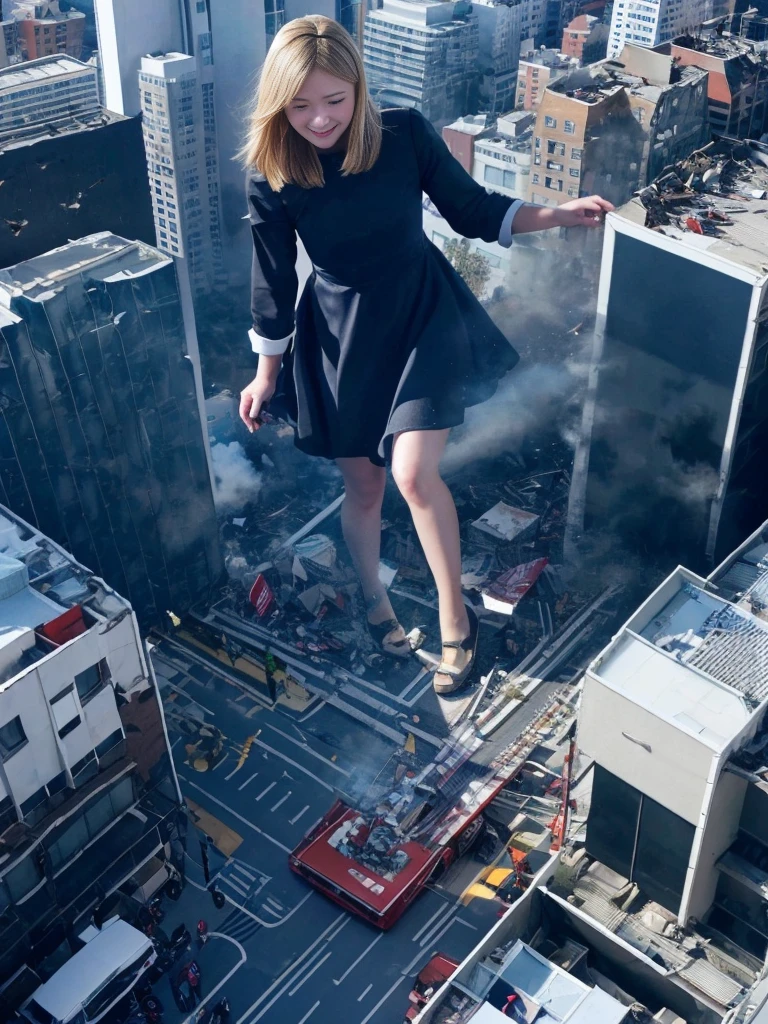 Giant girl stands in the city, Action photo, Bigger than buildings, shrinking people, Look down, Red hair, Real person, perfect full HD face, GTS, smiling face, front belly,