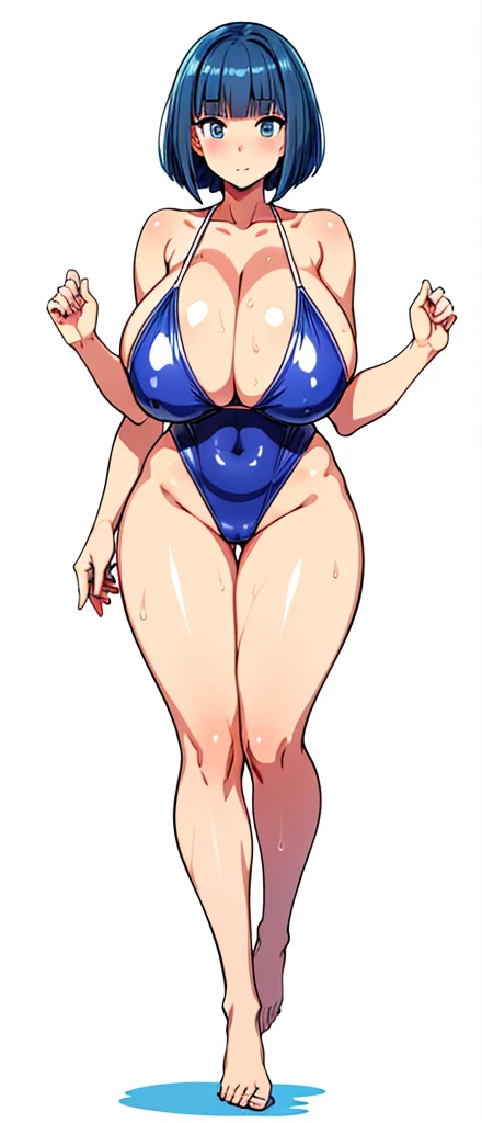 swimsuit,1girl,front view,Facing forward,looking at viewer,anime colored,full body,(gigantic breasts),wet,shiny Skin,{bob cut!!,blunt bangs},white background