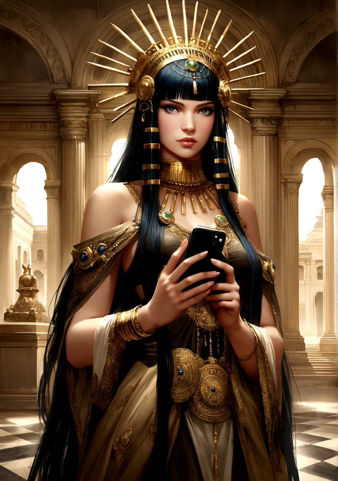 Queen Cleopatra, half-length, adorned with jewelry, holding an iPhone in her hands, ancient atmosphere, royal palace, realistic, HD