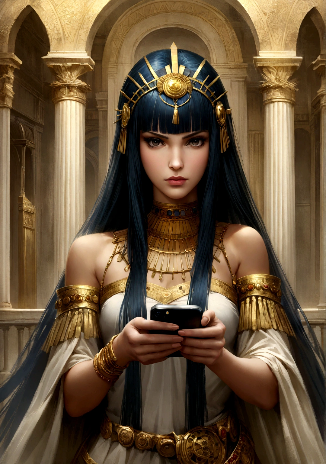 Queen Cleopatra, half-length, adorned with jewelry, holding an iPhone in her hands, ancient atmosphere, royal palace, realistic, HD